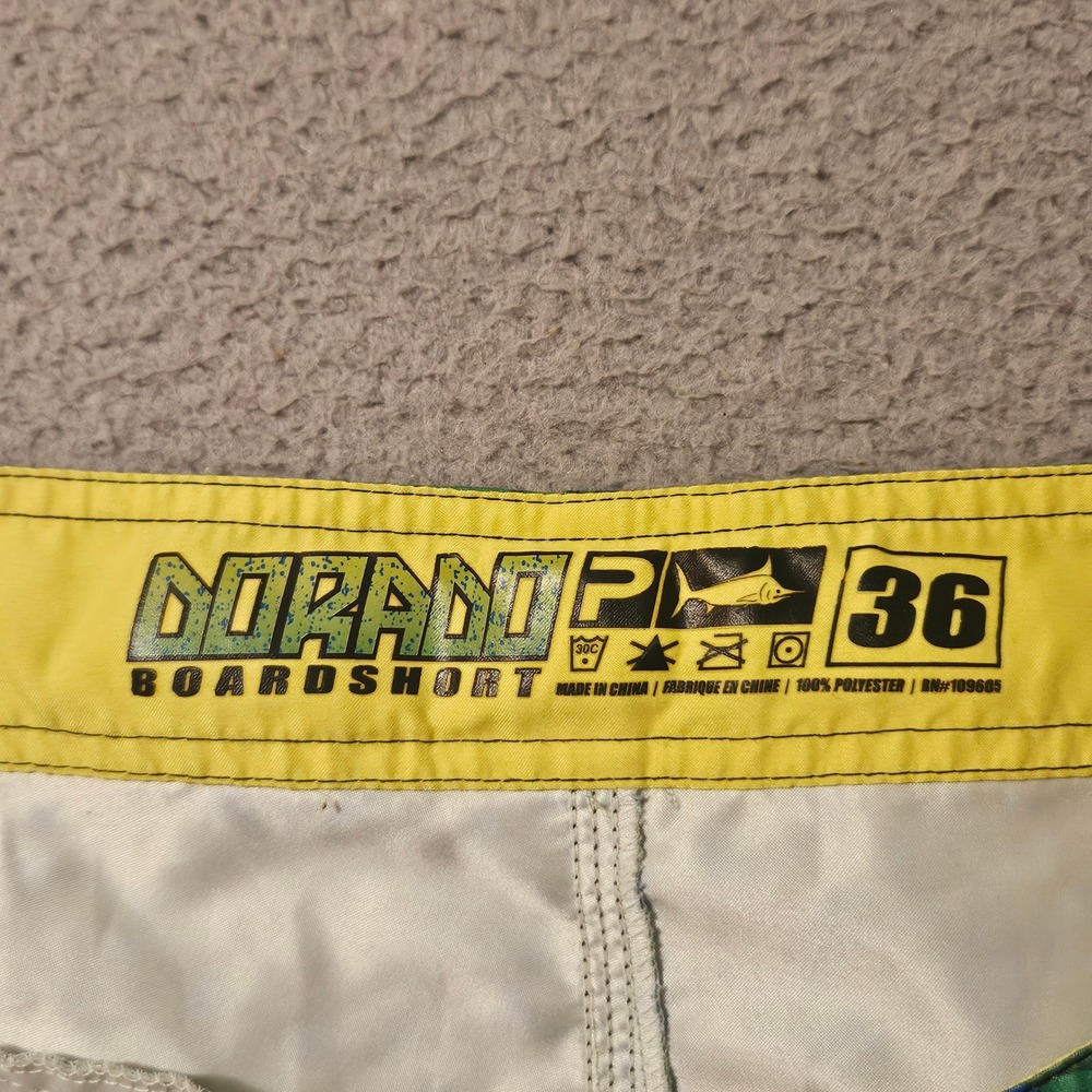 Pelagic Board Shorts Mens 36 Dorado Green Yellow Blue Mahi Print Fishing Trunks - Picture 3 of 5